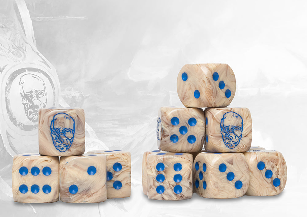 Spires Logo on Lunar Marbled Dice with Blue pips - 24 per pack